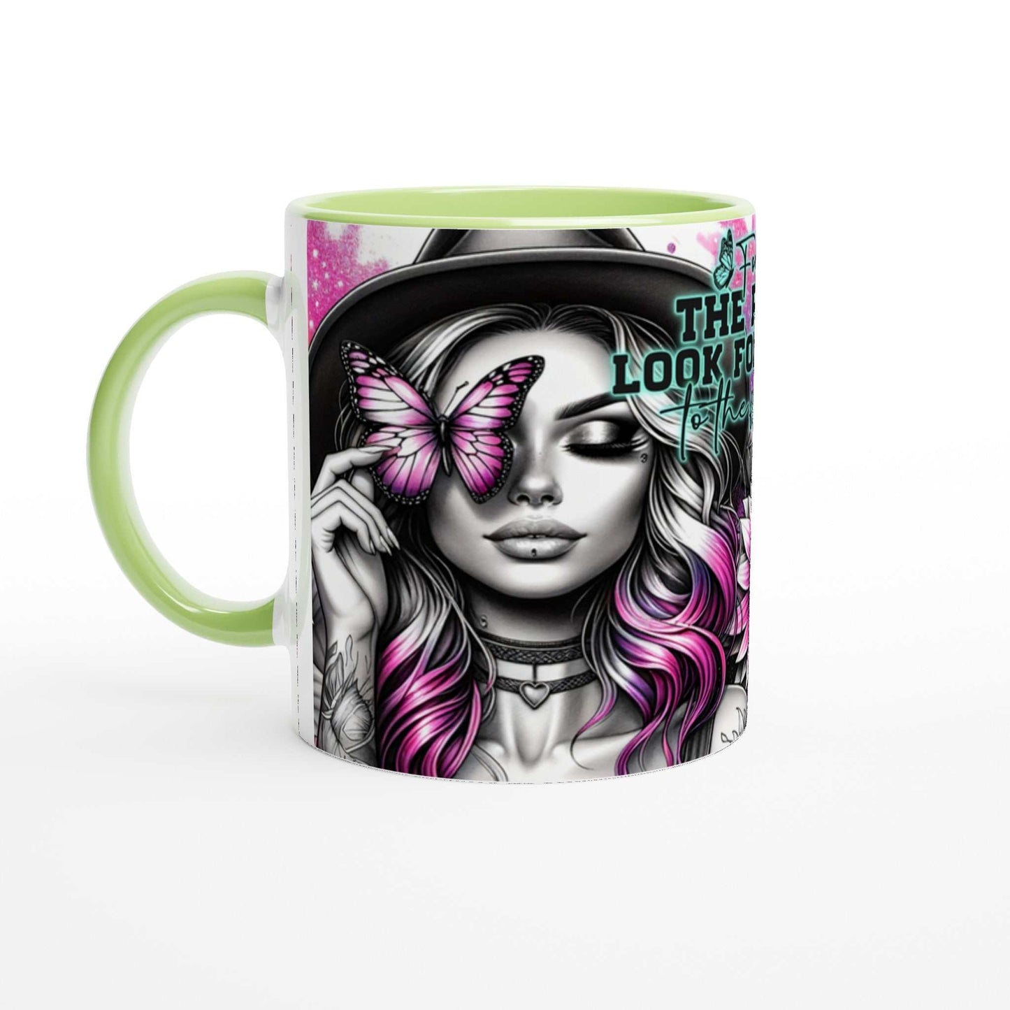 Motivational coffee mug with vibrant butterfly design, "Forget The Past" quote, green rim and handle, ceramic, 11oz.