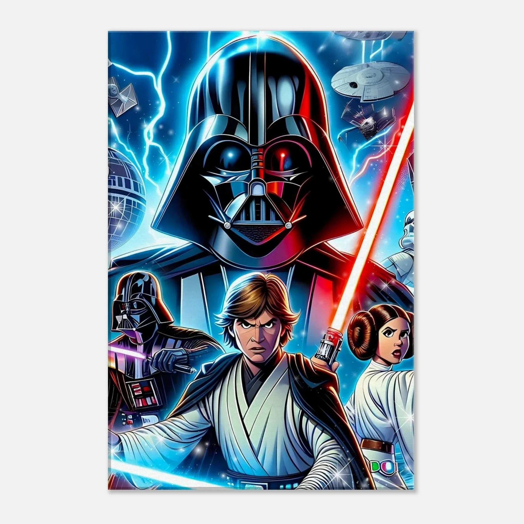 Star Wars wall canvas featuring iconic characters and vibrant space battle scene.