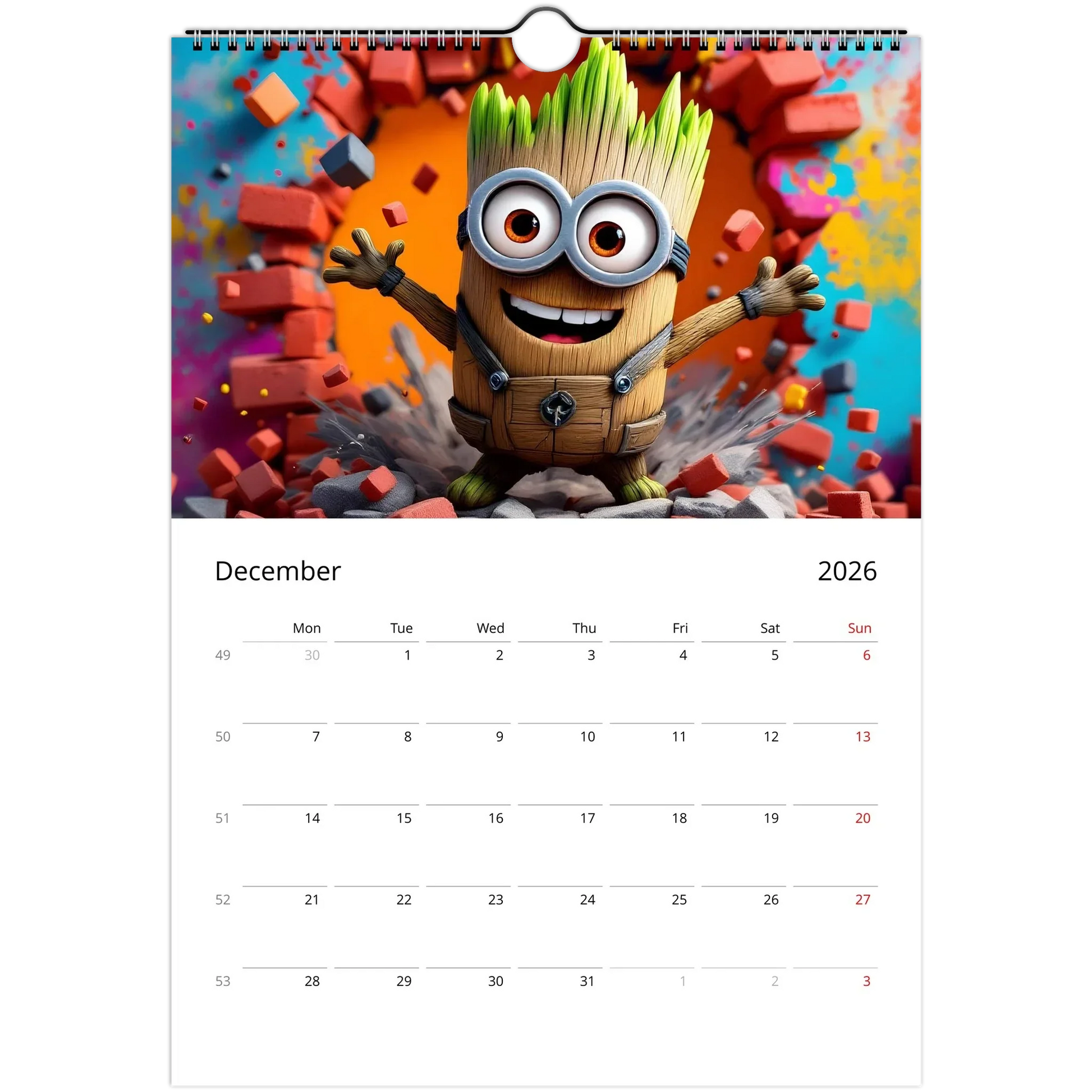 2026 Minions Superhero Wall Calendar with colorful superhero-themed Minions and large date squares