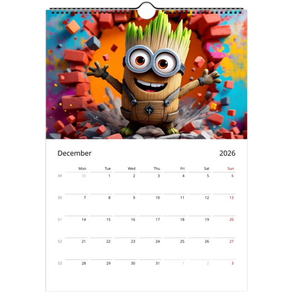 2026 Minions Superhero Wall Calendar with colorful superhero-themed Minions and large date squares