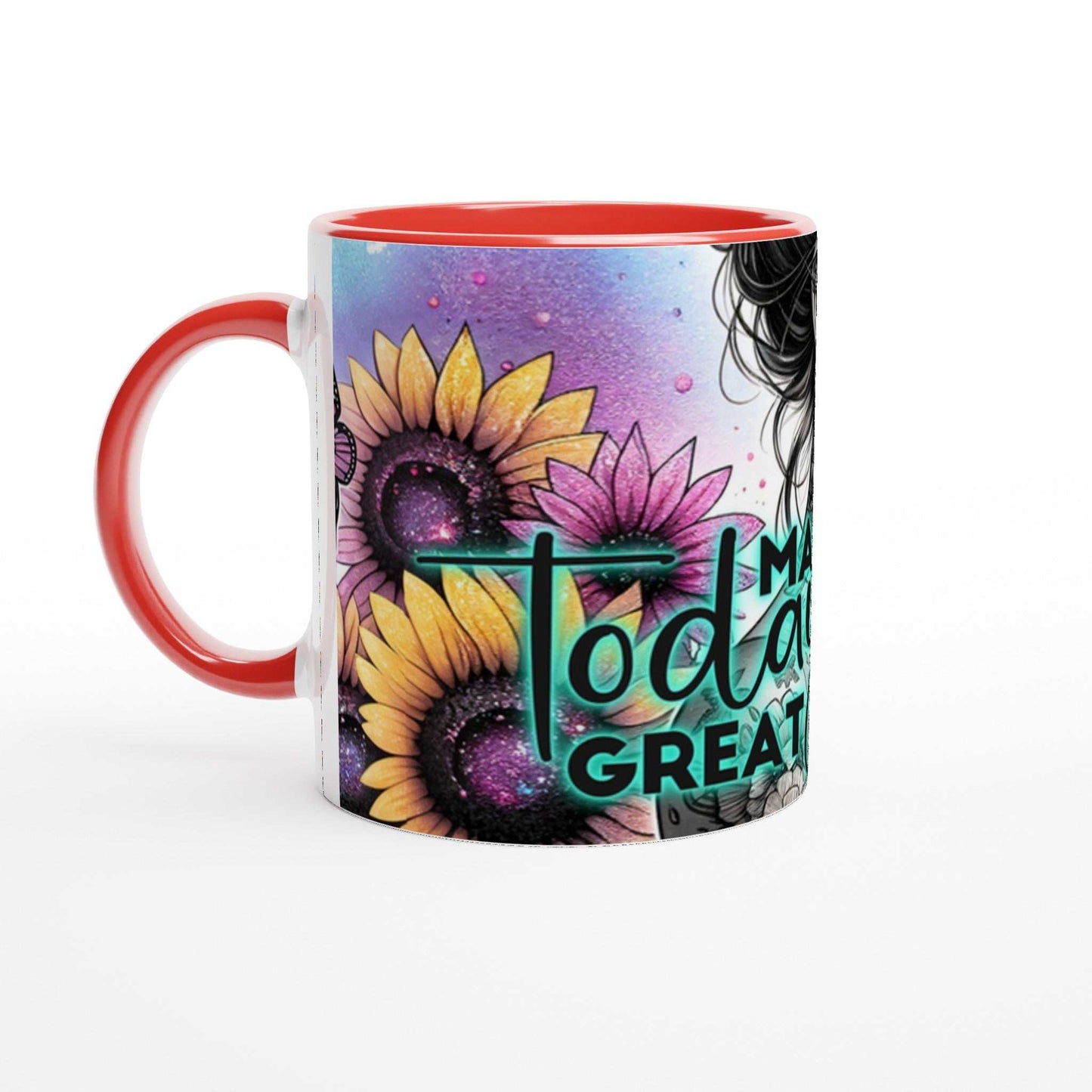 Motivational coffee mug with "Make Today Great" quote, colorful floral design, red rim, and handle.