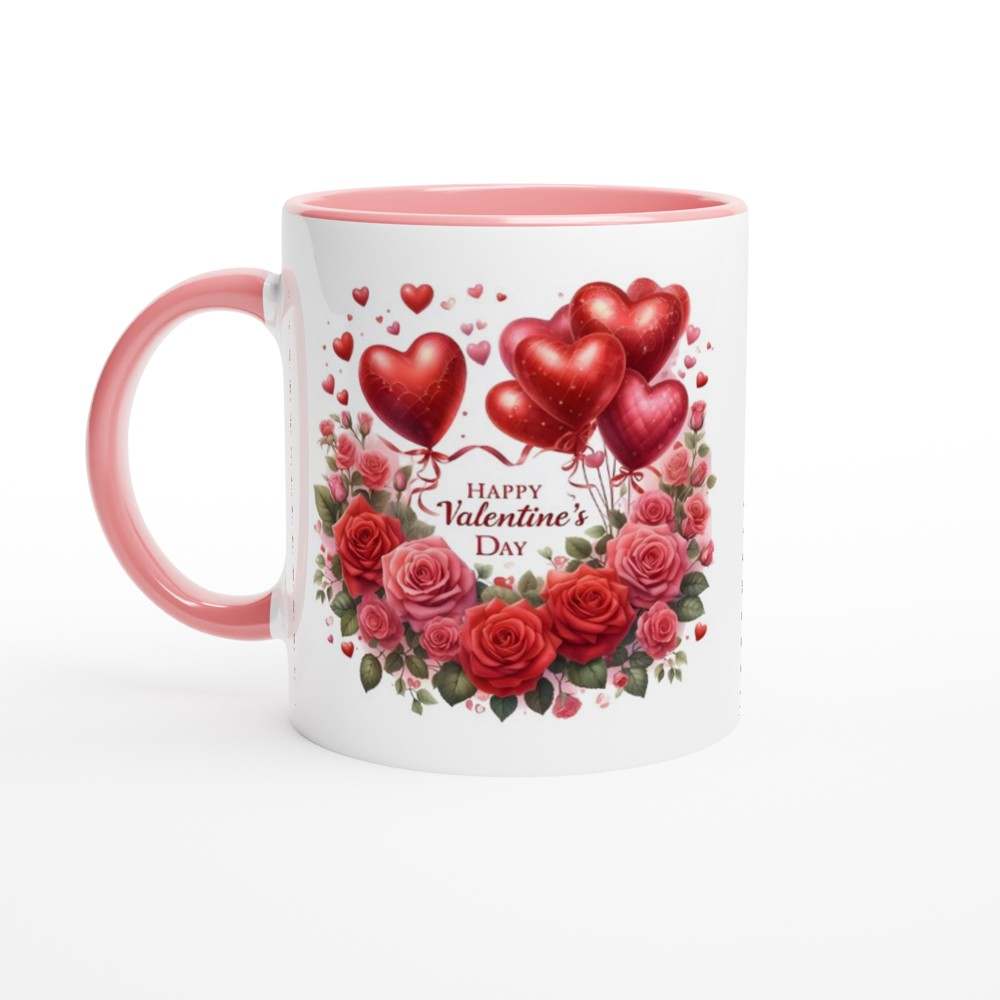 Beautiful Valentines Day Mug with heart and rose design, pink handle and rim, 11oz ceramic, perfect for coffee or tea.