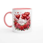 Beautiful Valentines Day Mug with heart and rose design, pink handle and rim, 11oz ceramic, perfect for coffee or tea.