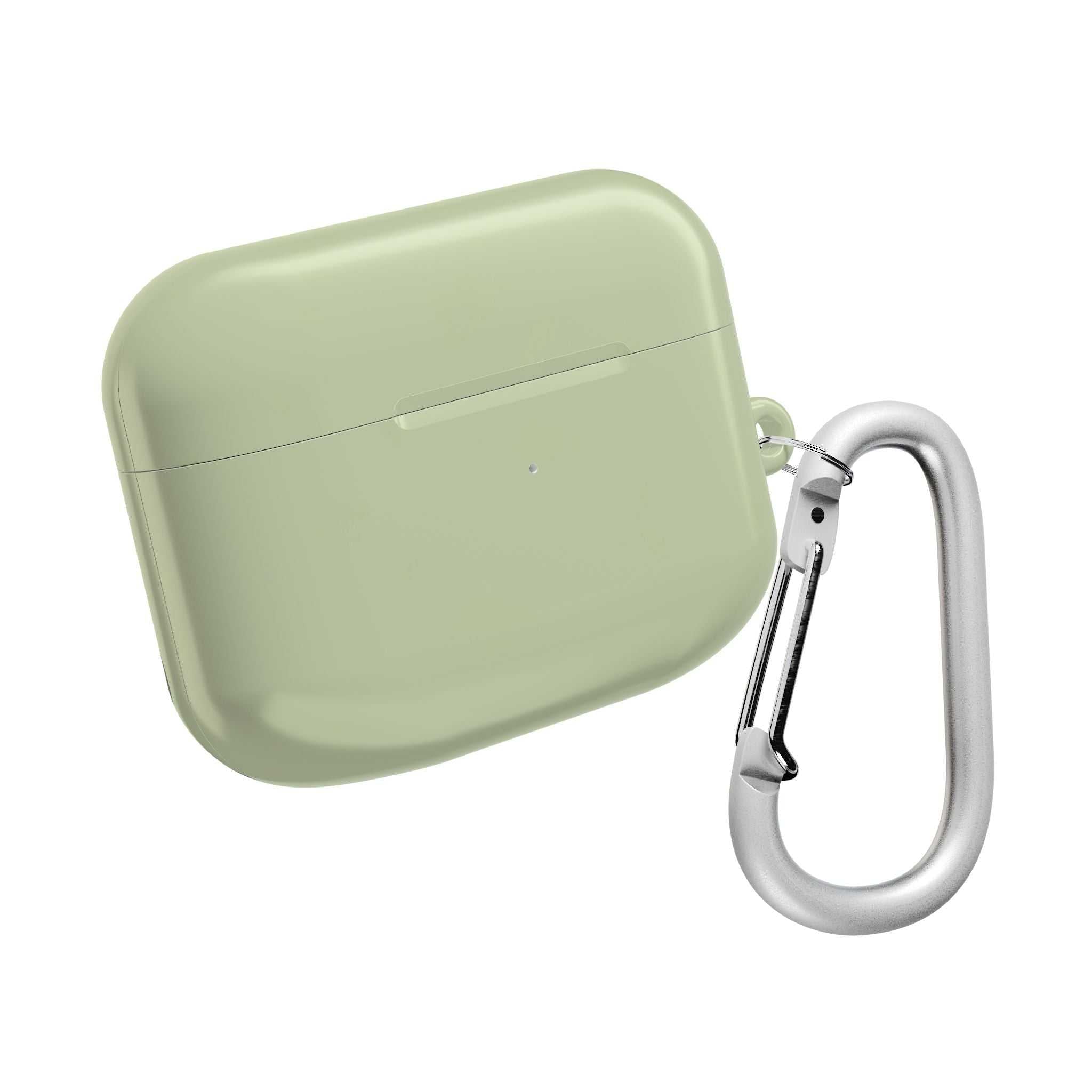 Sage green hard shell AirPods protective case with carabiner clip, durable, lightweight, and wireless charging compatible.