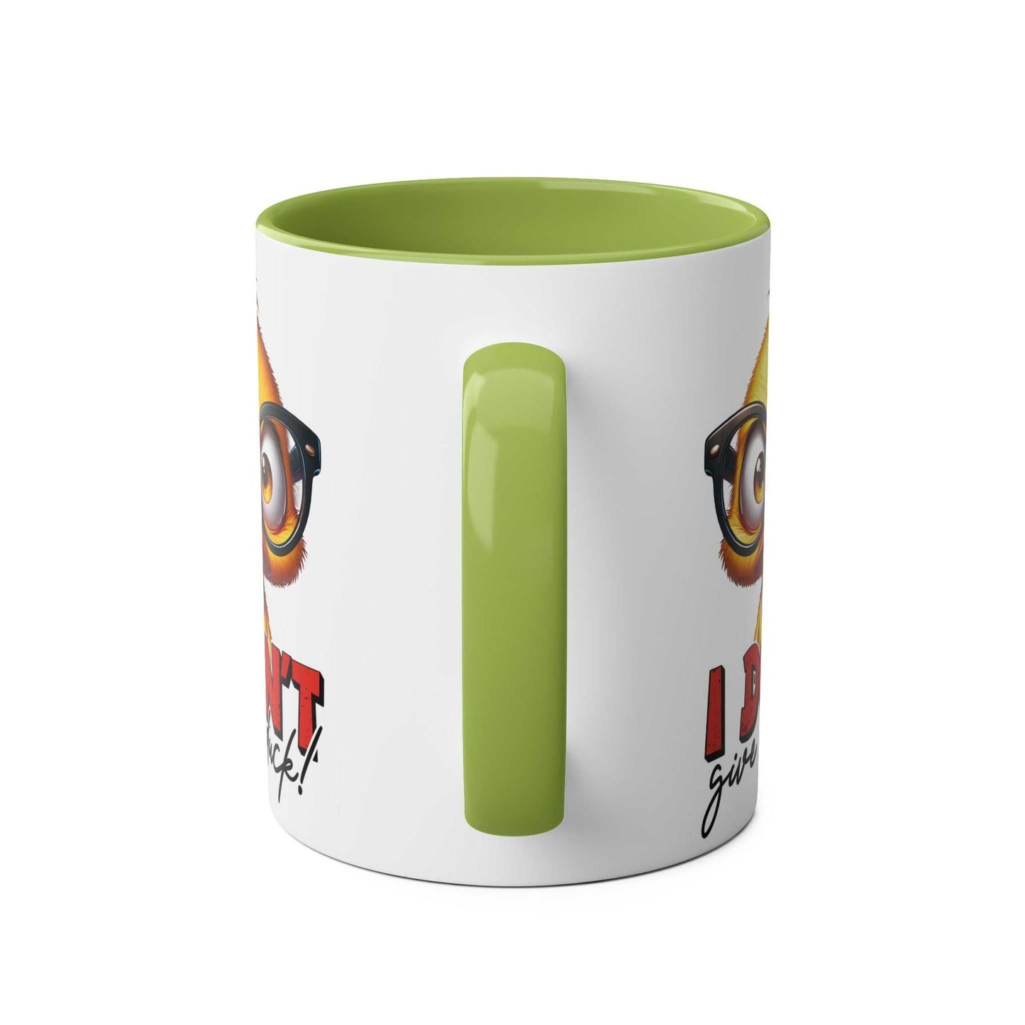 I Don't Give A Duck Coffee Mug with playful duck design and green handle.