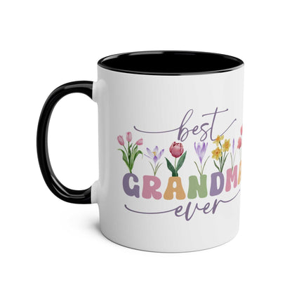 Best Grandma Ever Mother's Day mug with floral design, 11oz ceramic, black handle, glossy finish.