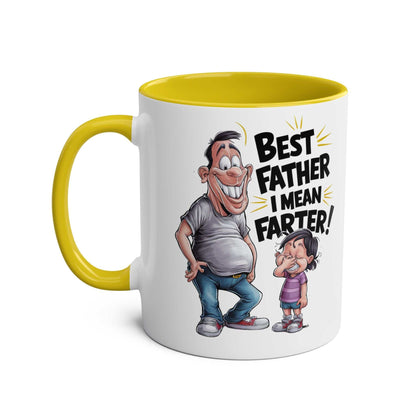 Fun Fathers Day Gift Mug with cartoon design and "Best Father I Mean Farter" text, yellow interior and handle.