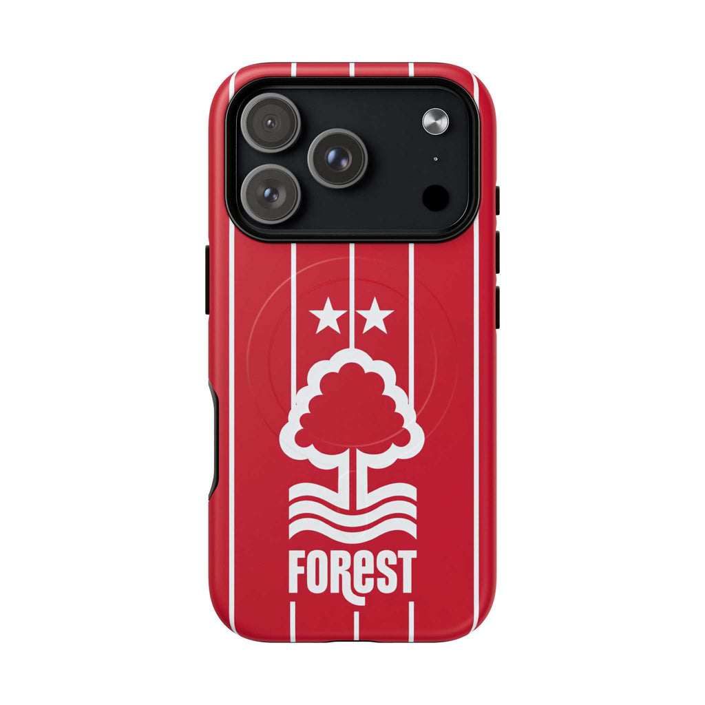Nottingham Forest MagSafe iPhone case with red design and club crest, durable dual-layer protection, compatible with wireless charging.