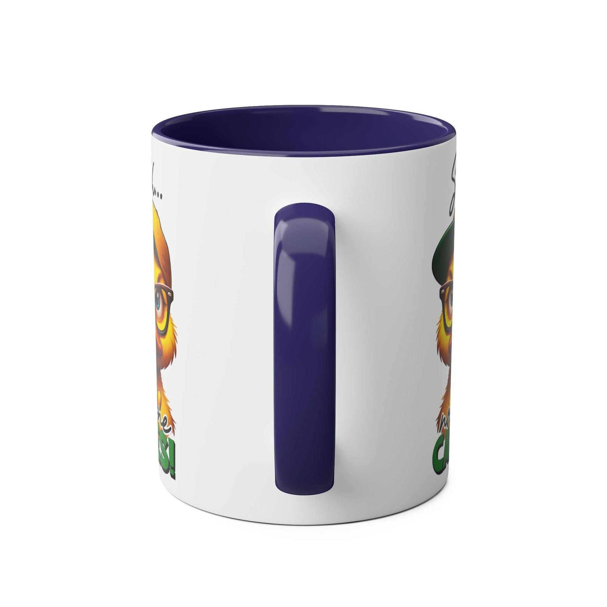 No One Cares Coffee Mug with sarky duck design and purple handle.