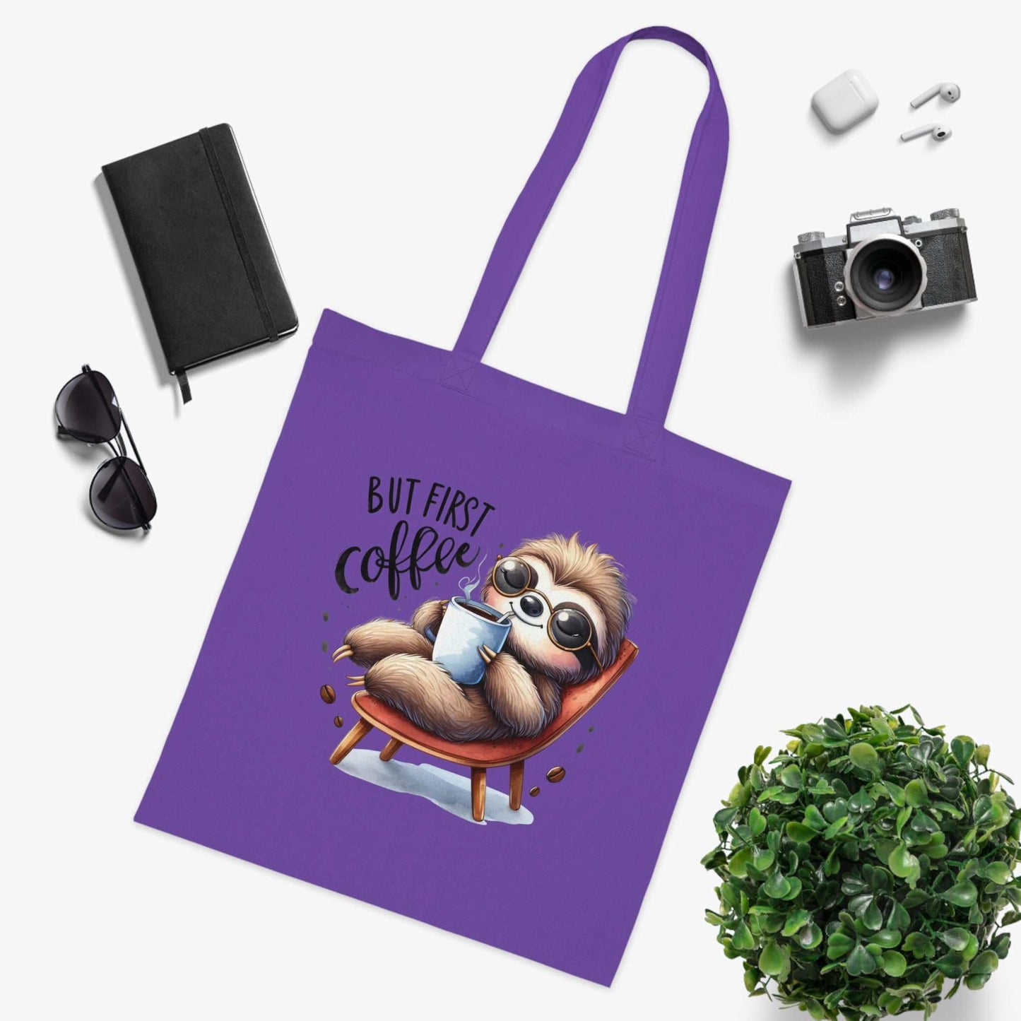 Cute sloth tote bag with colorful design, cotton fabric, perfect for errands or gifts.