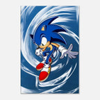 Sonic The Hedgehog in motion on vibrant wall canvas with swirling blue background.