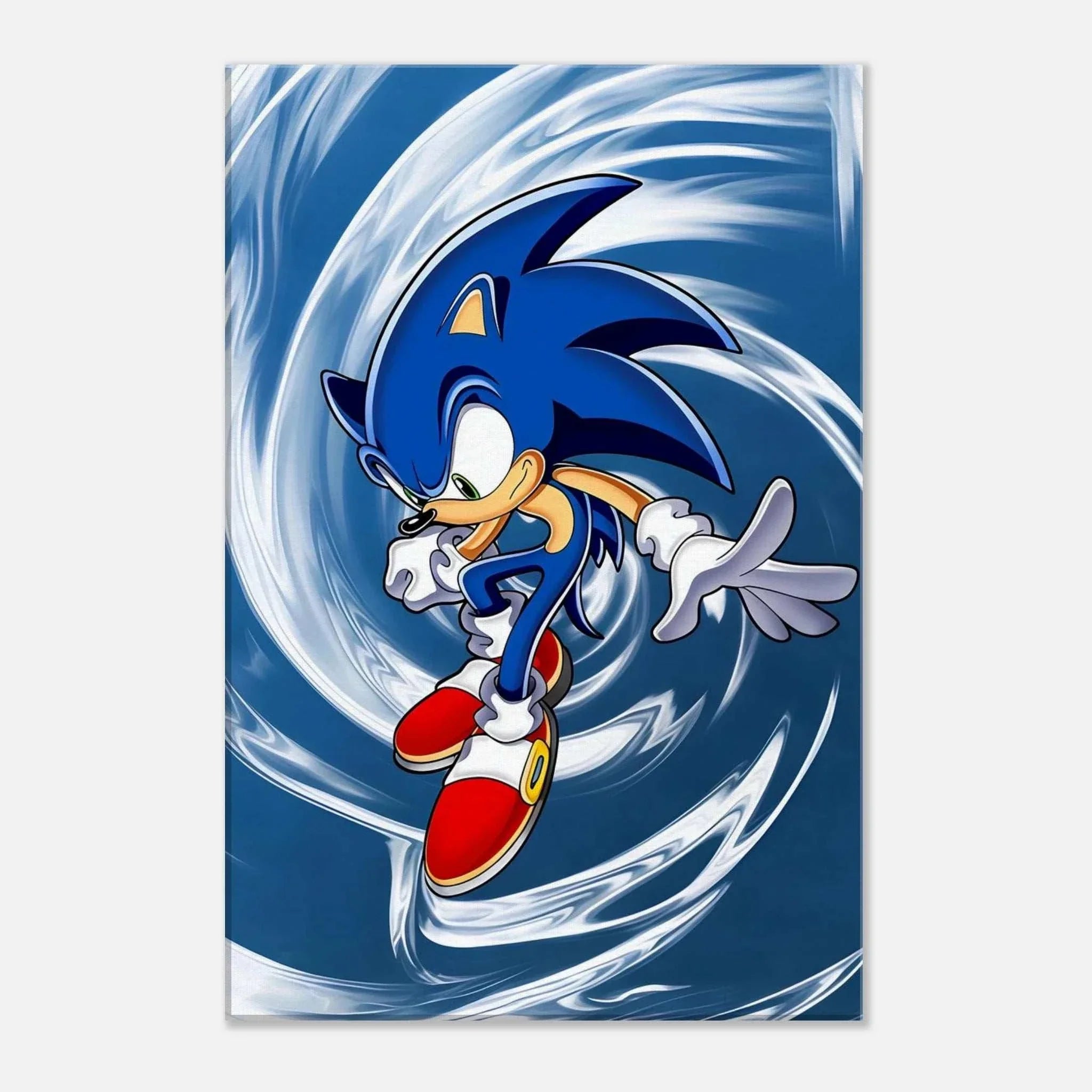 Sonic The Hedgehog in motion on vibrant wall canvas with swirling blue background.