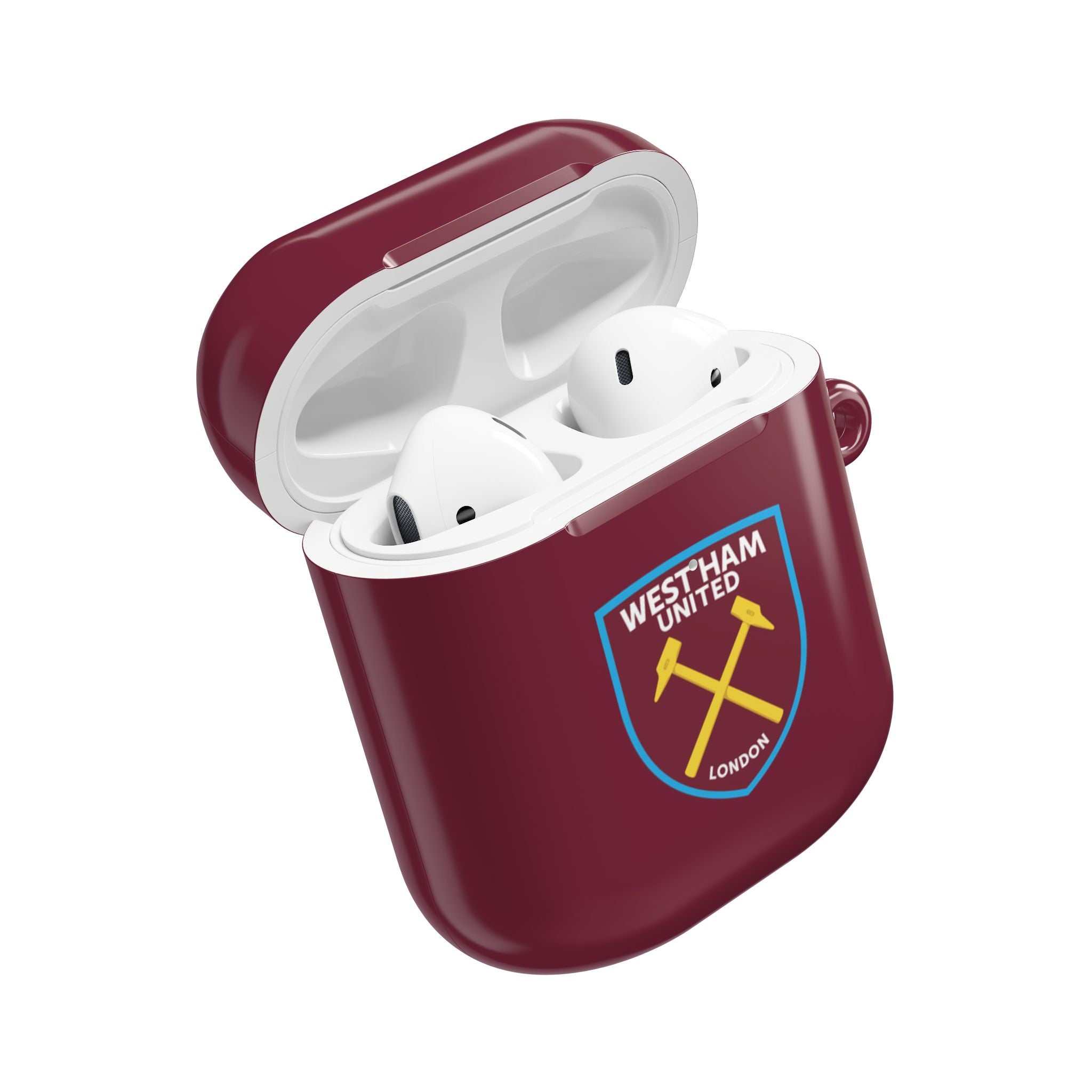 West Ham Utd FC claret AirPods case with crossed hammers logo and wireless charging support