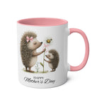 Cute hedgehog Mother's Day gift mug with pink interior and handle, featuring hedgehogs holding daisies.