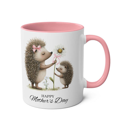 Cute hedgehog Mother's Day gift mug with pink interior and handle, featuring hedgehogs holding daisies.
