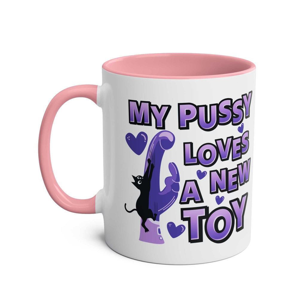 Cheeky Fun Coffee Mug with pink handle and interior, featuring playful purple text and cat graphic on white ceramic mug