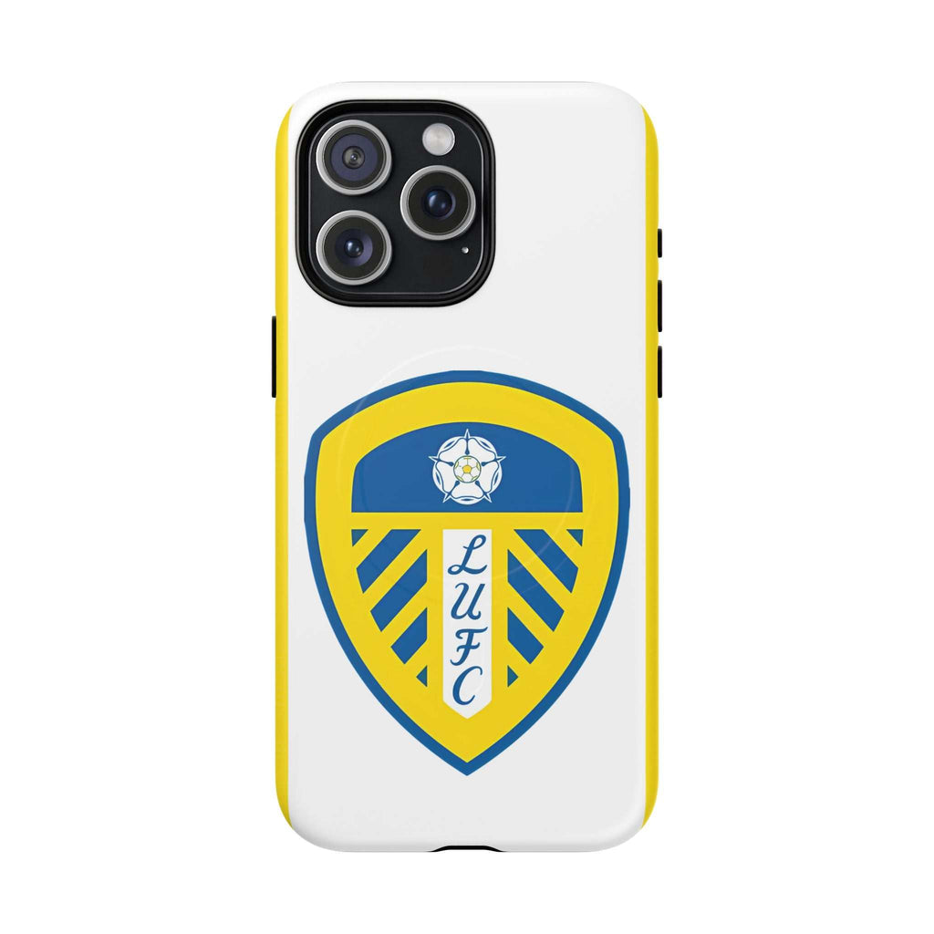 Leeds Utd Magsafe iPhone case with club crest, white and yellow design, dual-layer protection, MagSafe compatible, slim and durable