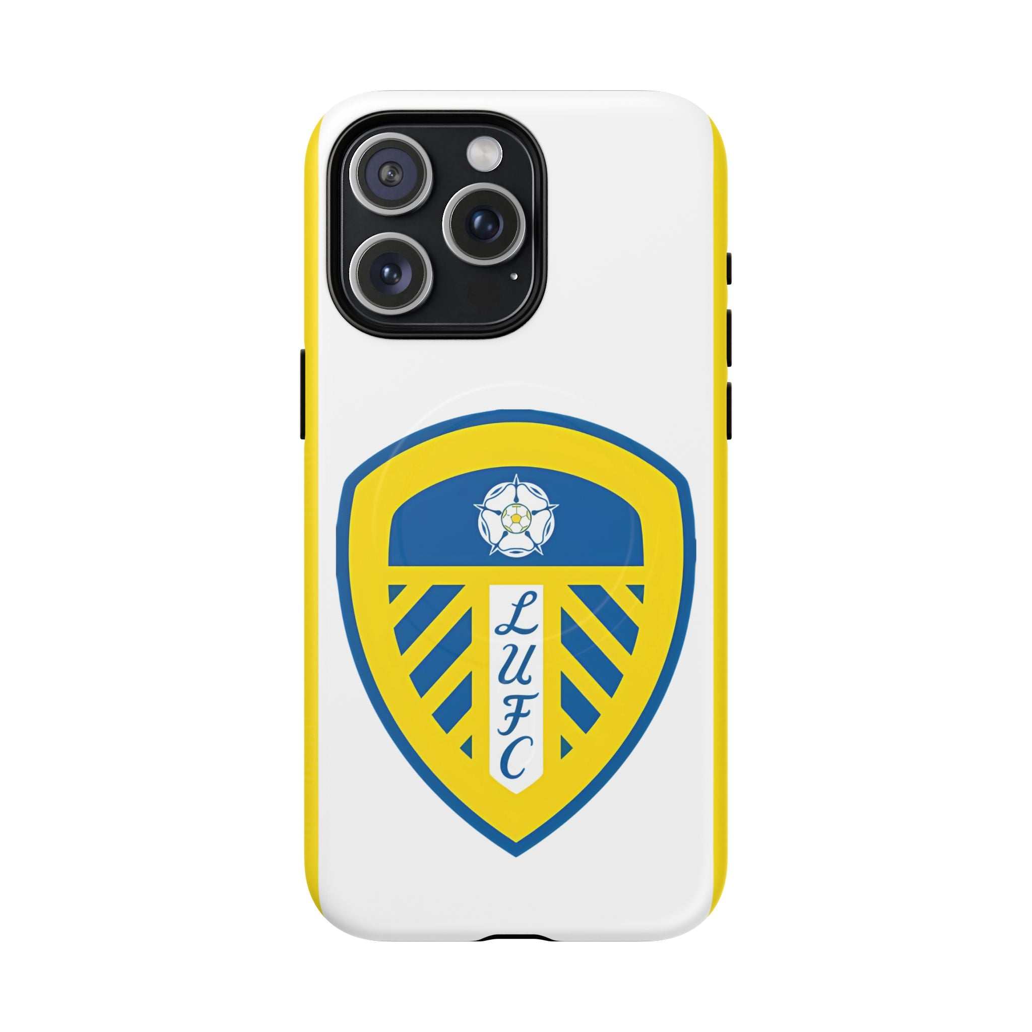 Leeds Utd Magsafe iPhone case with club crest, white and yellow design, dual-layer protection, MagSafe compatible, slim and durable