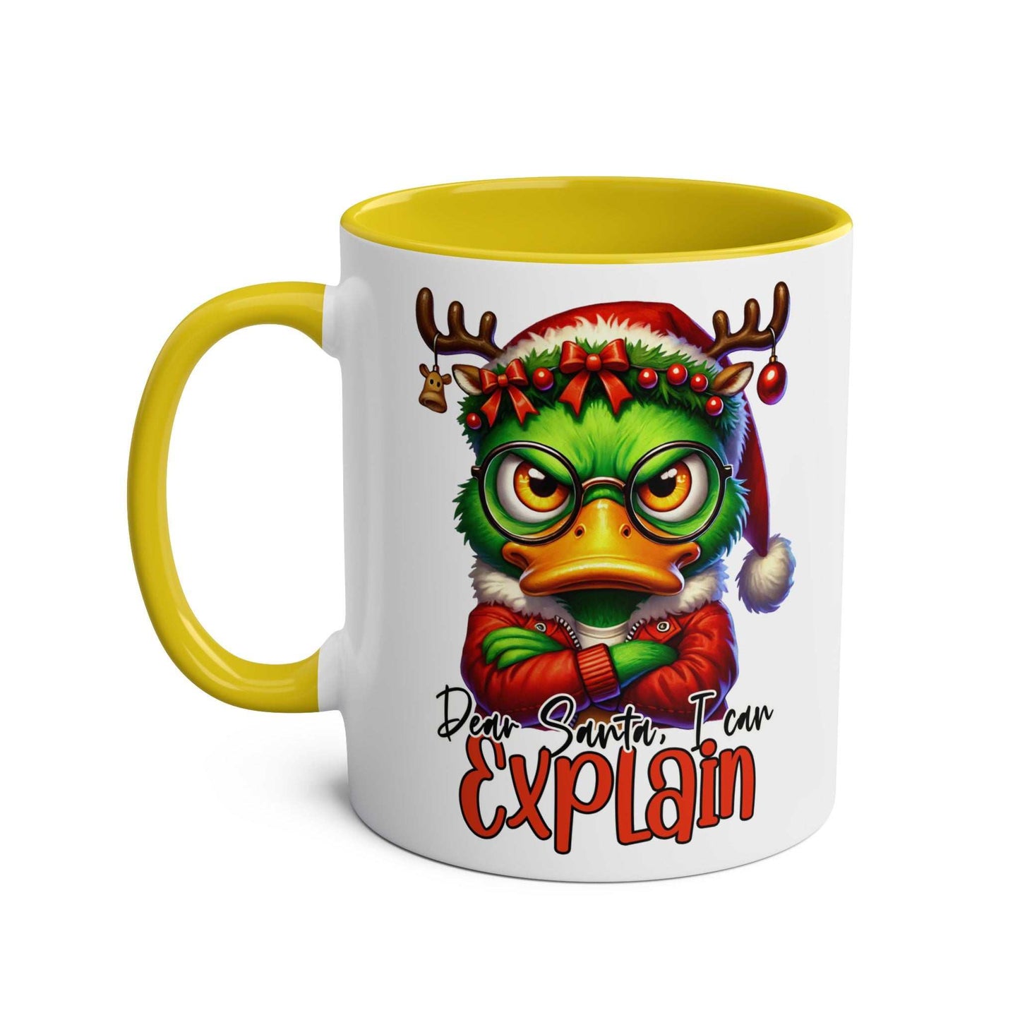 Christmas mug with a sassy duck design and humorous twist, available in 7 colors, 11oz ceramic, microwave and dishwasher safe.