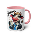 Fun sarcastic coffee mug with cartoon cow and "Fully Caffeinated" text, pink handle, and 11oz ceramic build.