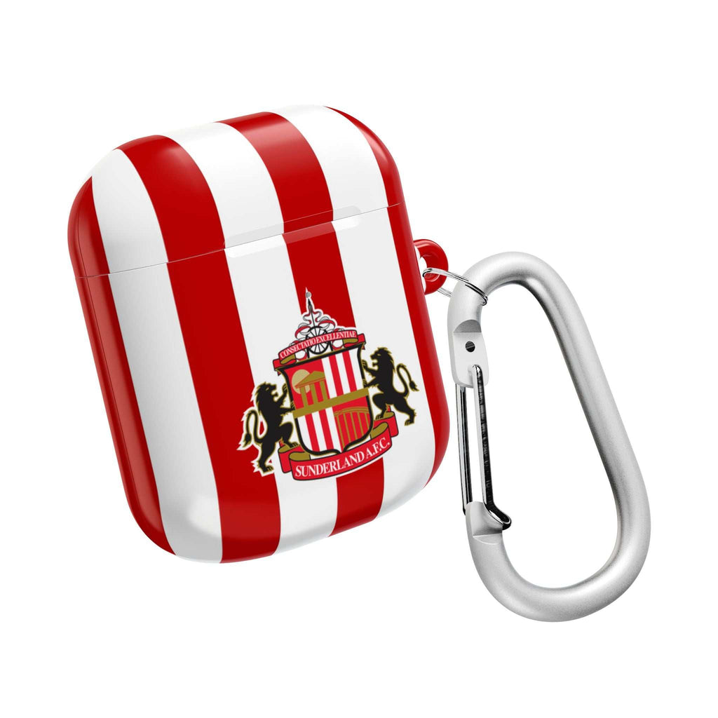 Sunderland FC AirPods protective case with red and white stripes and club crest, shock-resistant and wireless charging compatible