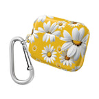 Yellow Daises AirPods Case with white daisy pattern and silver carabiner clip