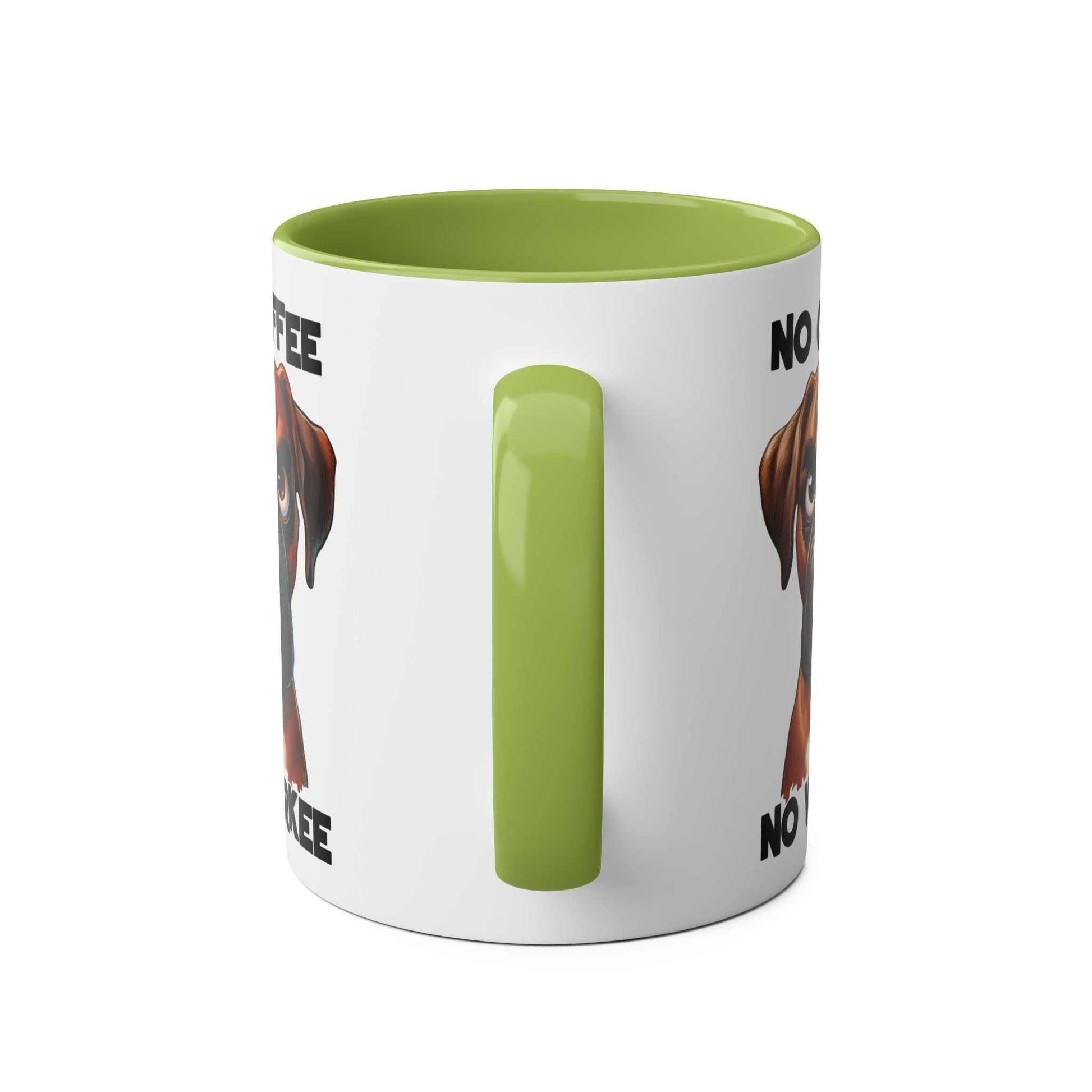 No Coffee No Workee Mug with sarky dog design, green handle, 11oz ceramic, microwave and dishwasher safe.