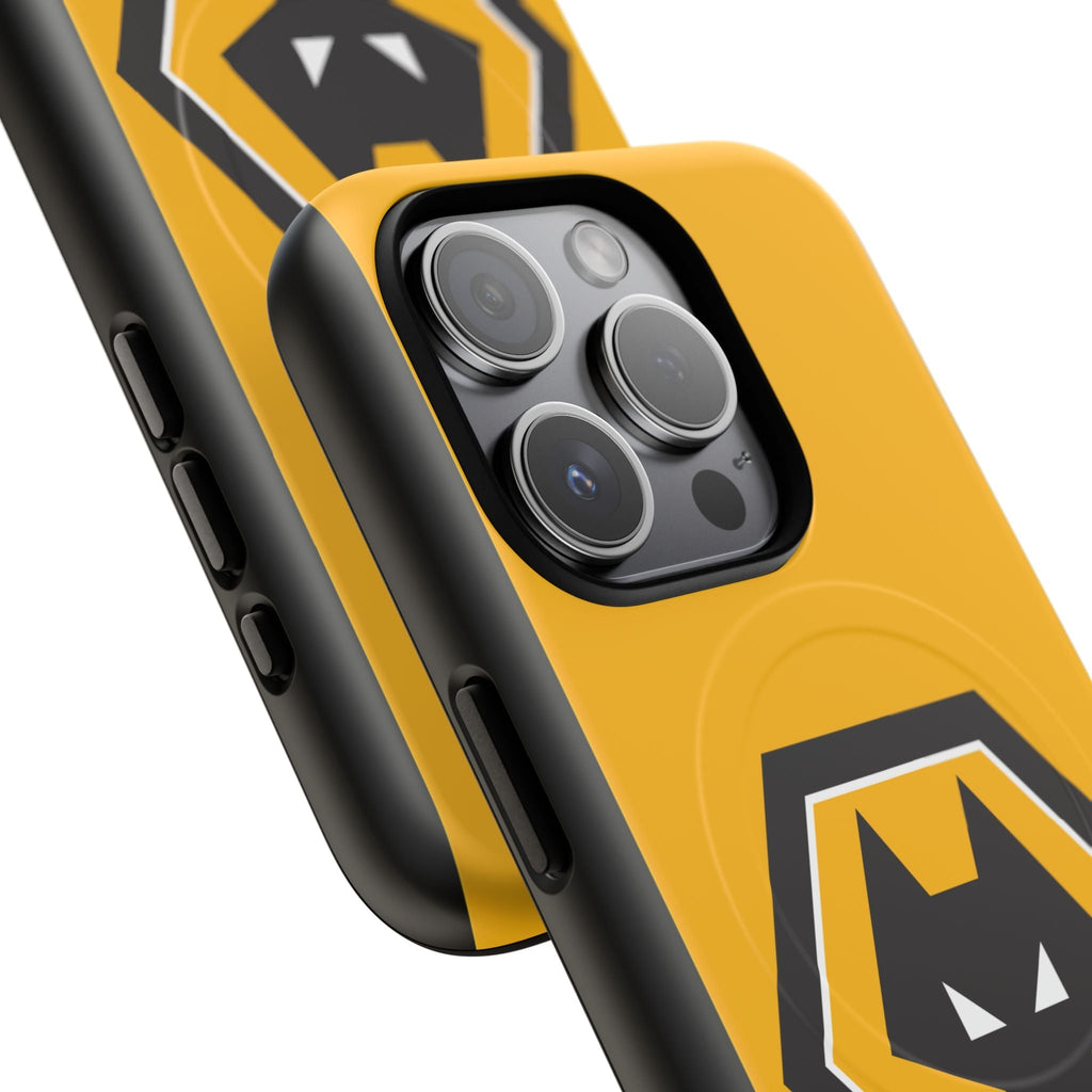 Wolves FC MagSafe iPhone case with gold and black colors, dual-layer protection, and MagSafe compatibility