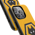 Wolves FC MagSafe iPhone case with gold and black colors, dual-layer protection, and MagSafe compatibility