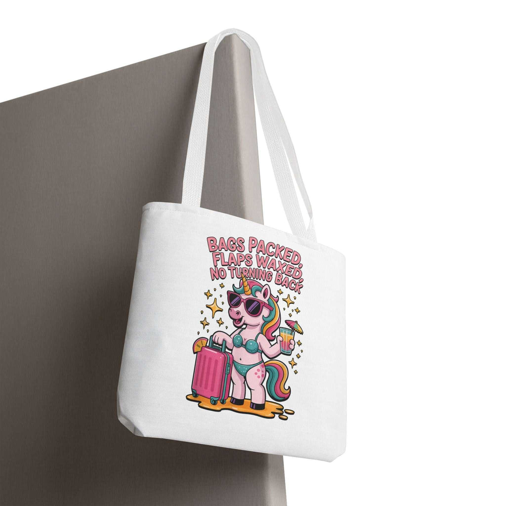 Fun unicorn travel tote bag with cheeky design and multiple handle color options
