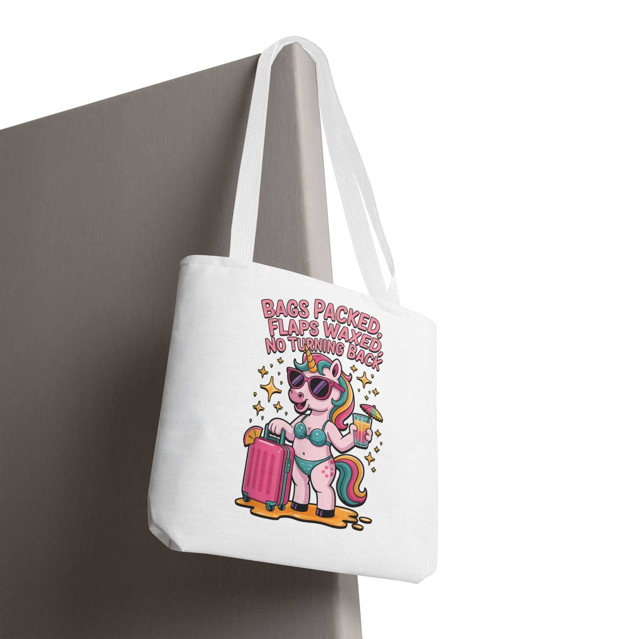 Fun unicorn travel tote bag with cheeky design and multiple handle color options