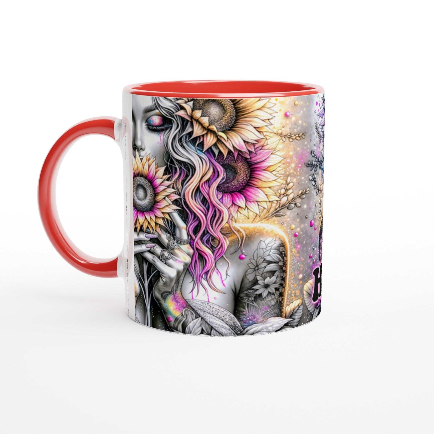 Be Happy Motivational Coffee Mug with floral design, colorful rim, and handle.