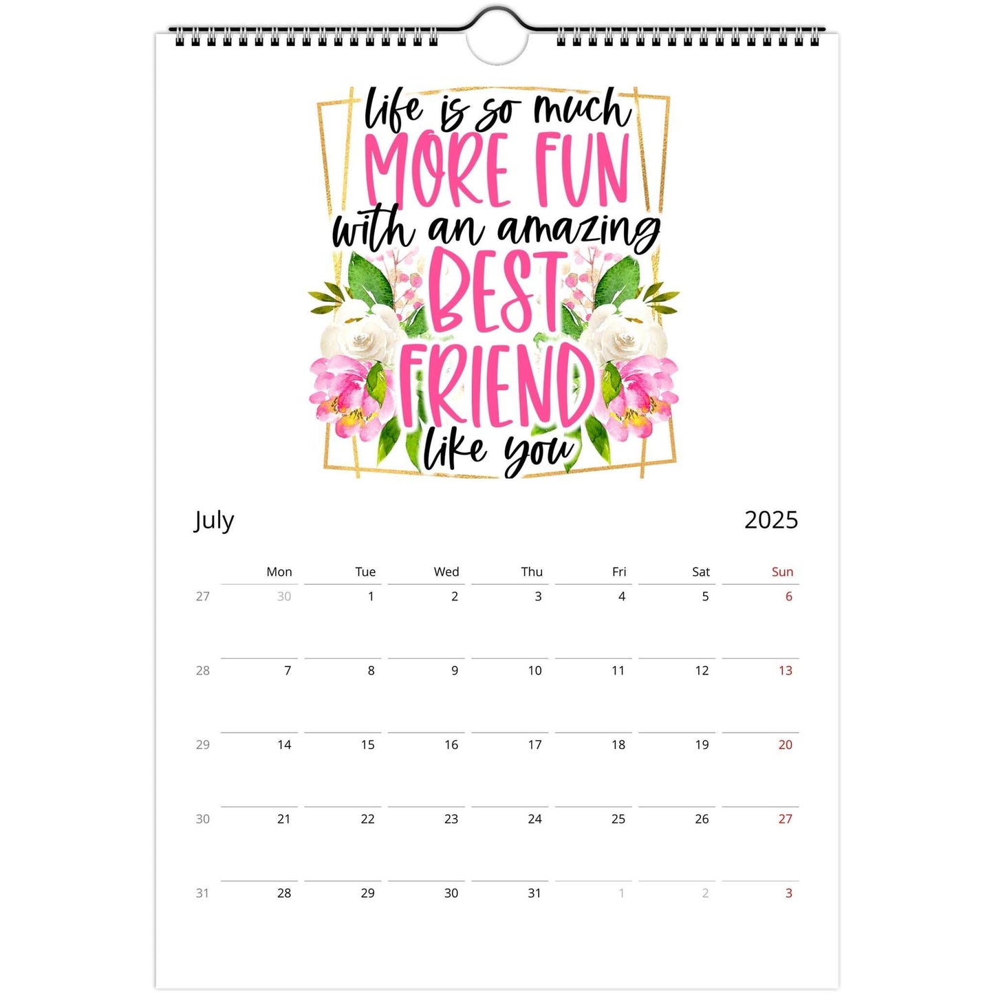 Personalised Best Friends 2025 Wall Calendar with monthly date grids and customizable quotes.