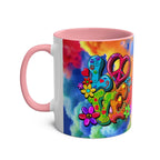 LGBTQ+ Pride Mug with colorful rainbow design and peace symbols, 11oz ceramic, glossy finish.