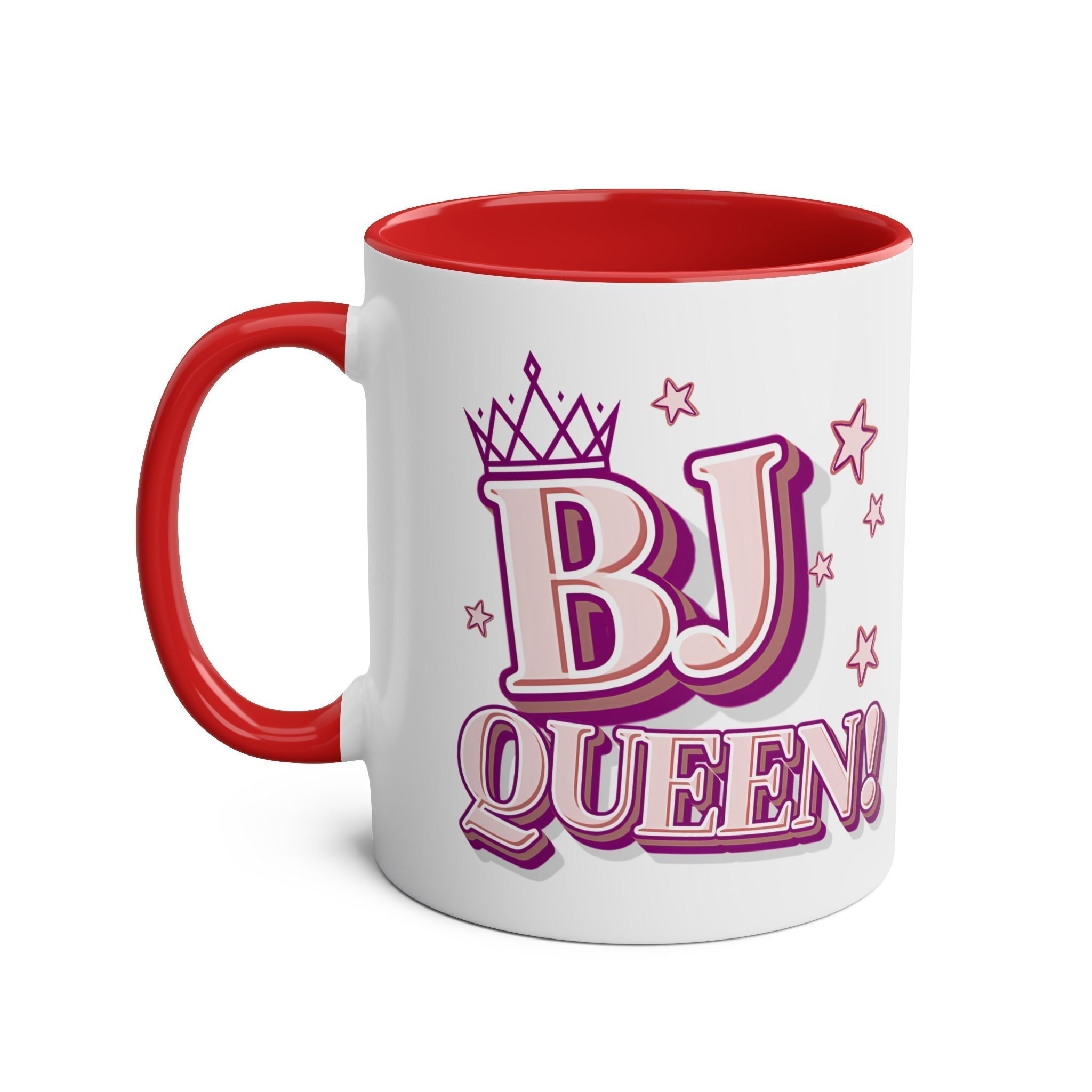 BJ Queen Coffee Mug with bold cheeky design, 11oz ceramic, glossy finish, vibrant colors, microwave and dishwasher safe.