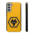 Wolves FC magnetic Samsung case with gold and black colors, dual-layer protection, and wireless charging compatible.