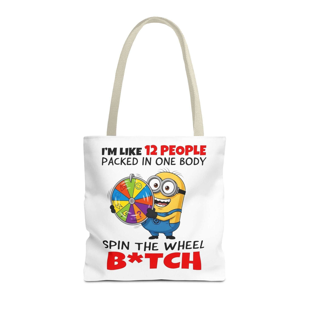 Funny Minion tote bag with cheeky design and multiple size and handle color options