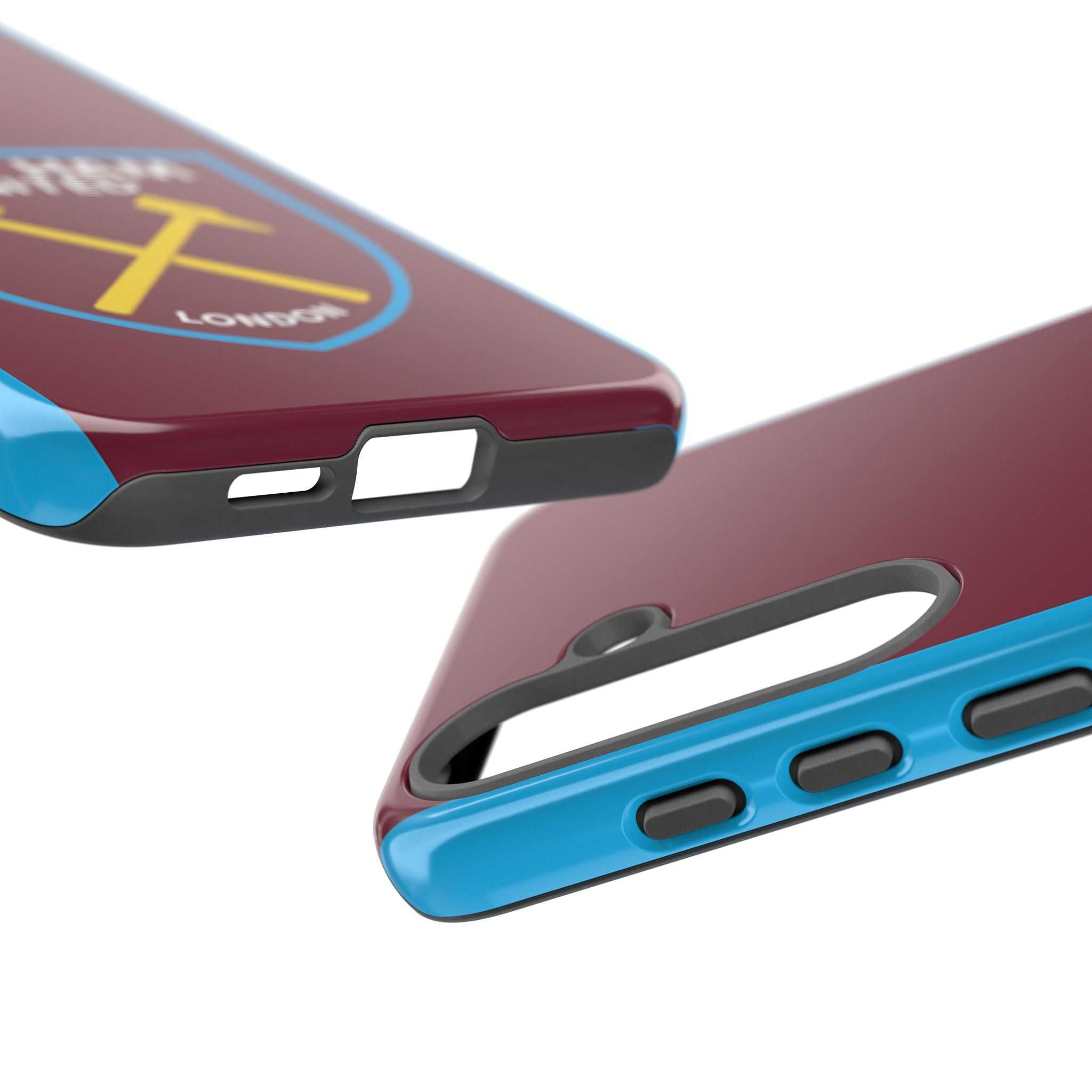 West Ham United claret and blue magnetic Samsung phone case with shock-absorbing dual layers and wireless charging support