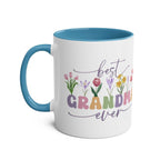 Best Grandma Ever Mother's Day gift mug with floral design and blue handle.
