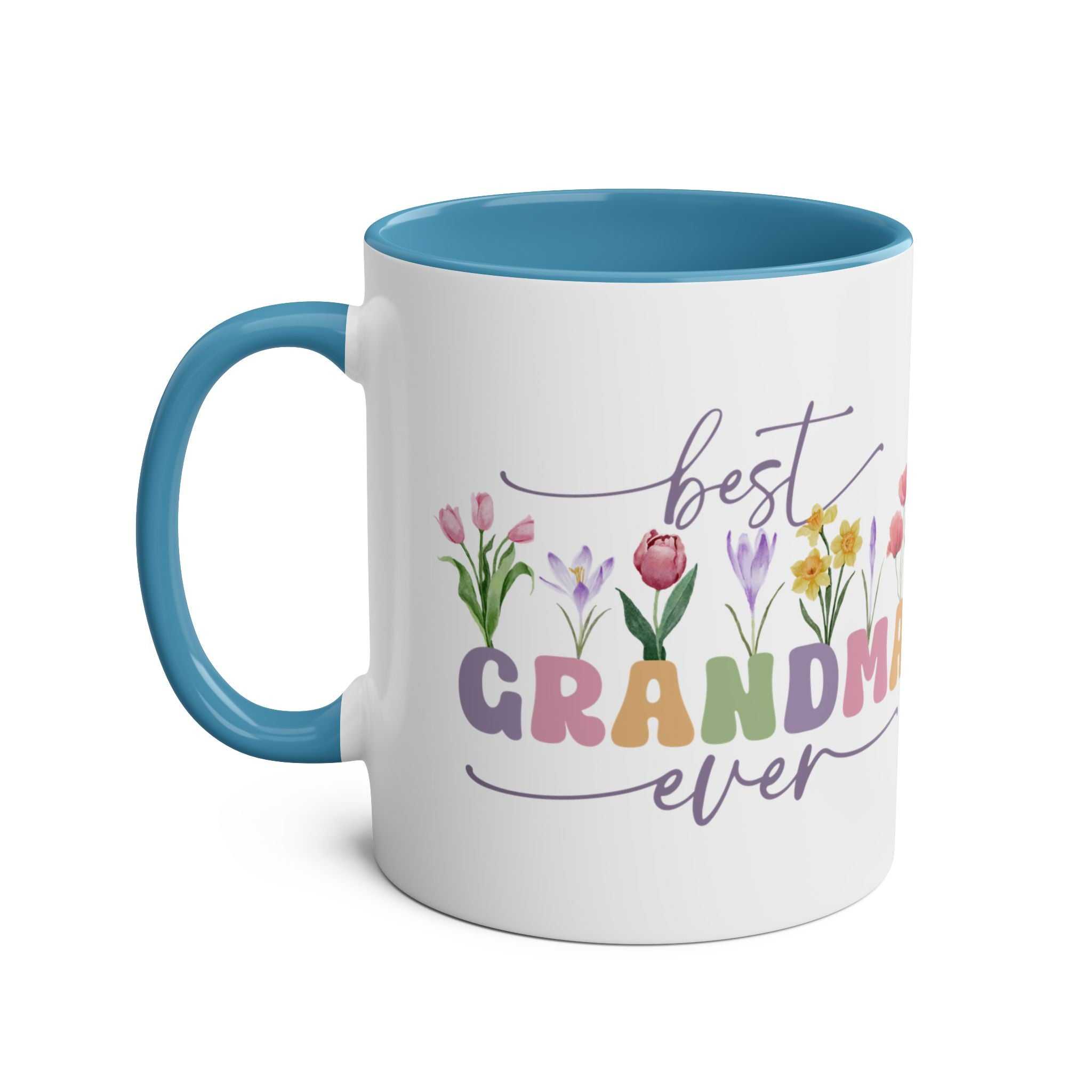Best Grandma Ever Mother's Day gift mug with floral design and blue handle.