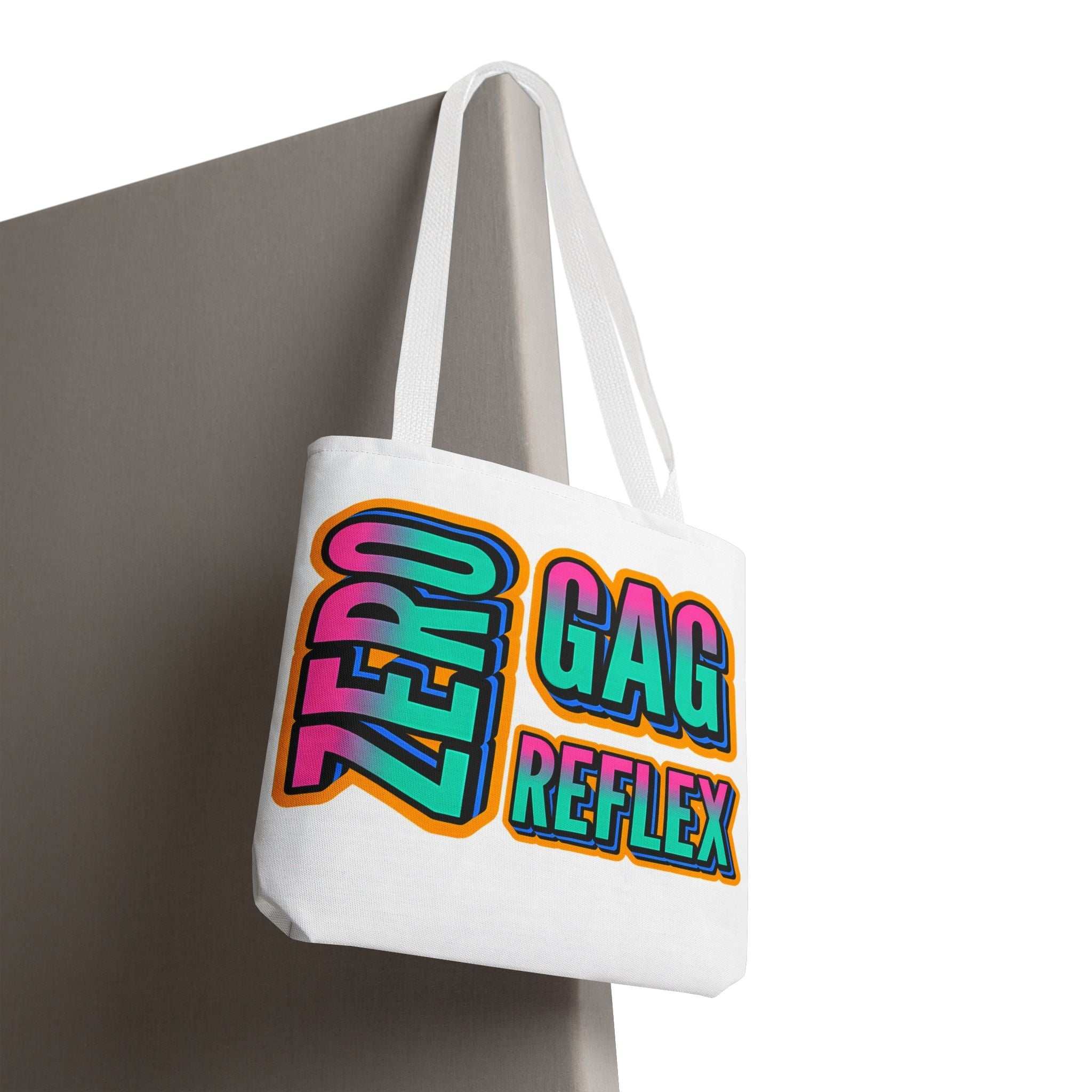 Zero Gag Reflex Tote Bag with cheeky design, durable spun polyester, multiple sizes, and colorful handles