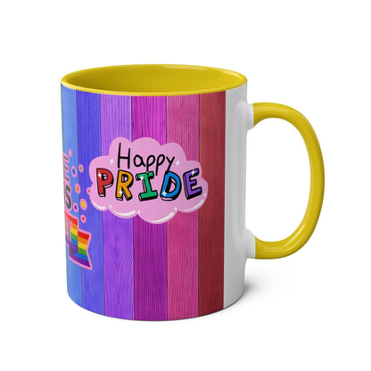 LGBTQ+ Pride Mug with rainbow design and yellow handle, 11oz ceramic.