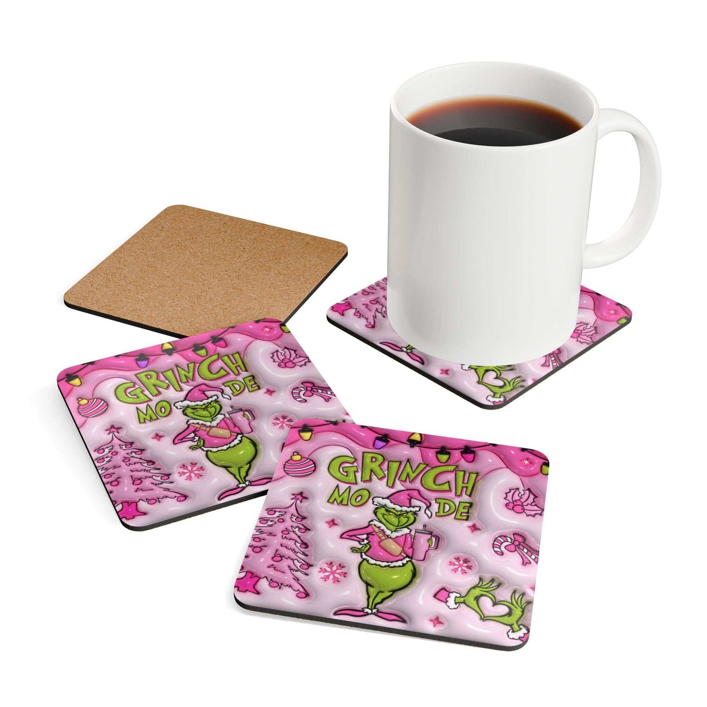 Grinch Mode Christmas coaster set with grumpy Grinch design, pink background, cork backing, and matching mug.