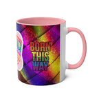 LGBTQ+ Pride Mug with rainbow design and "Born This Way" text.