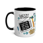 Fun Fathers Day Gift Mug with humorous dad-themed illustrations, 11oz ceramic, glossy finish, available in six colors.
