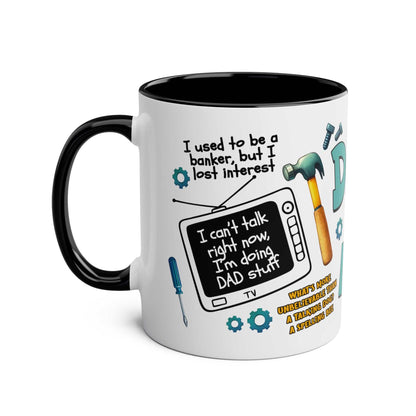 Fun Fathers Day Gift Mug with humorous dad-themed illustrations, 11oz ceramic, glossy finish, available in six colors.