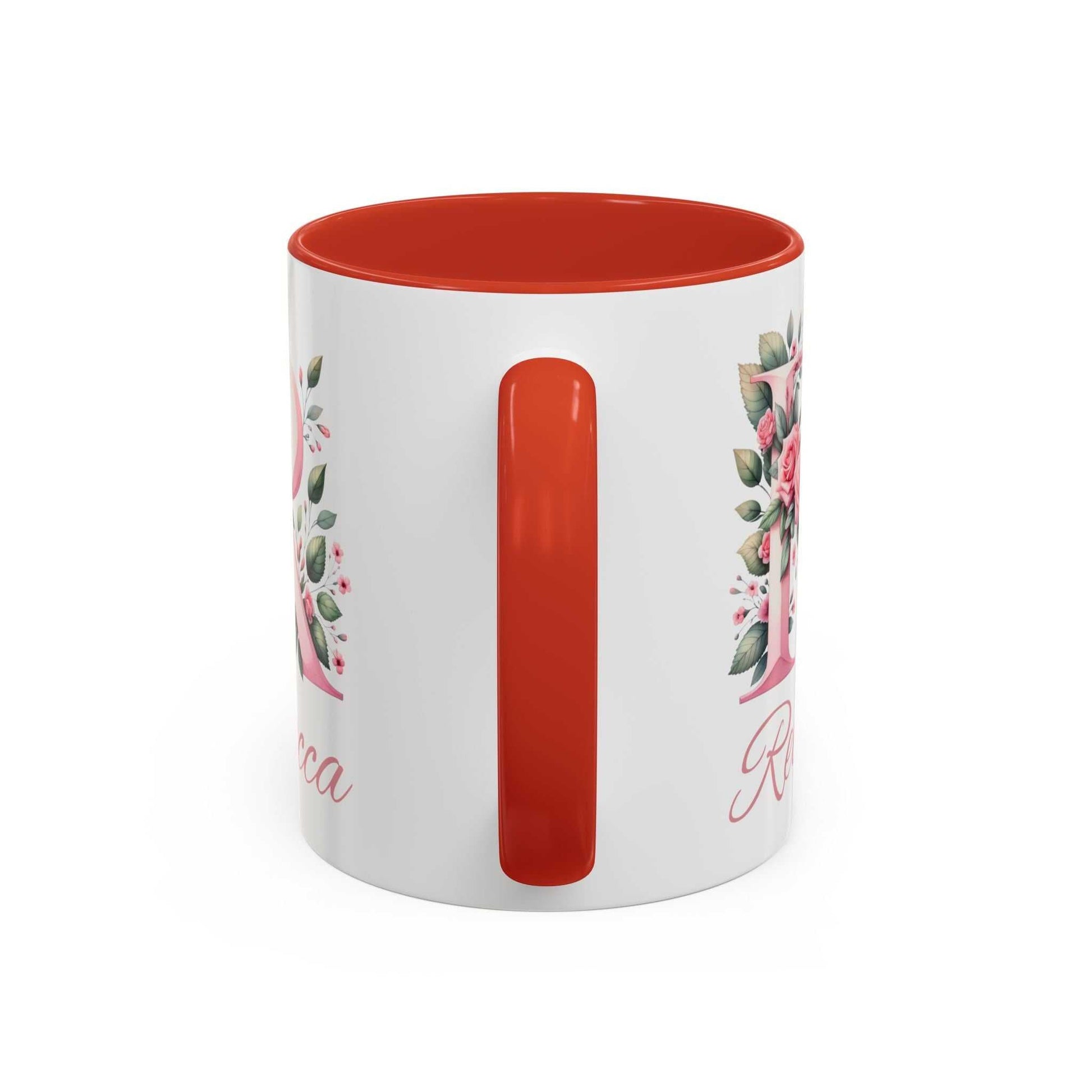 Personalised watercolour gift mug with floral design and red handle.