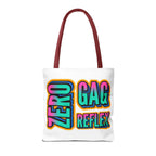 Zero Gag Reflex Tote Bag with cheeky design, durable spun polyester, multiple sizes, and colorful handles