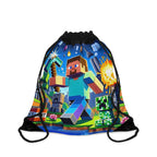 Minecraft drawstring bag with pixelated game characters and vibrant design, lightweight durable polyester with reinforced corners and zipper pocket.