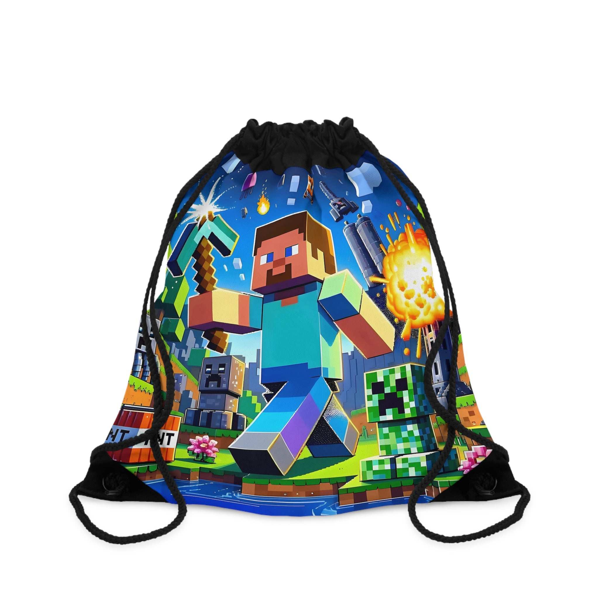 Minecraft drawstring bag with pixelated game characters and vibrant design, lightweight durable polyester with reinforced corners and zipper pocket.